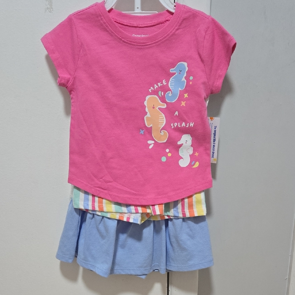 2 Sets Pink Seahorse Graphic Tee and Blue Skirt Set And Strips Pants